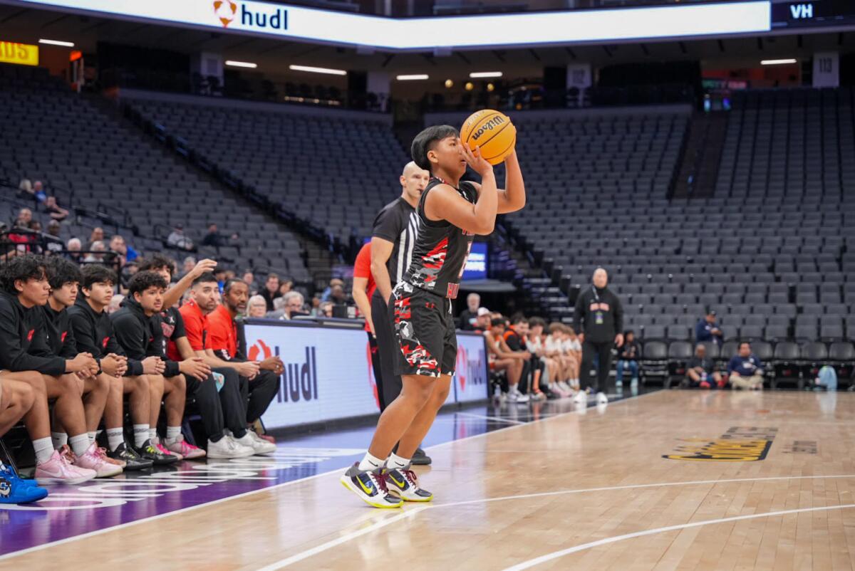 Verdugo Hills' Jabez Agustin shoots a three-pointer at Golden 1 Center in the Division V state championship loss to Athenian.