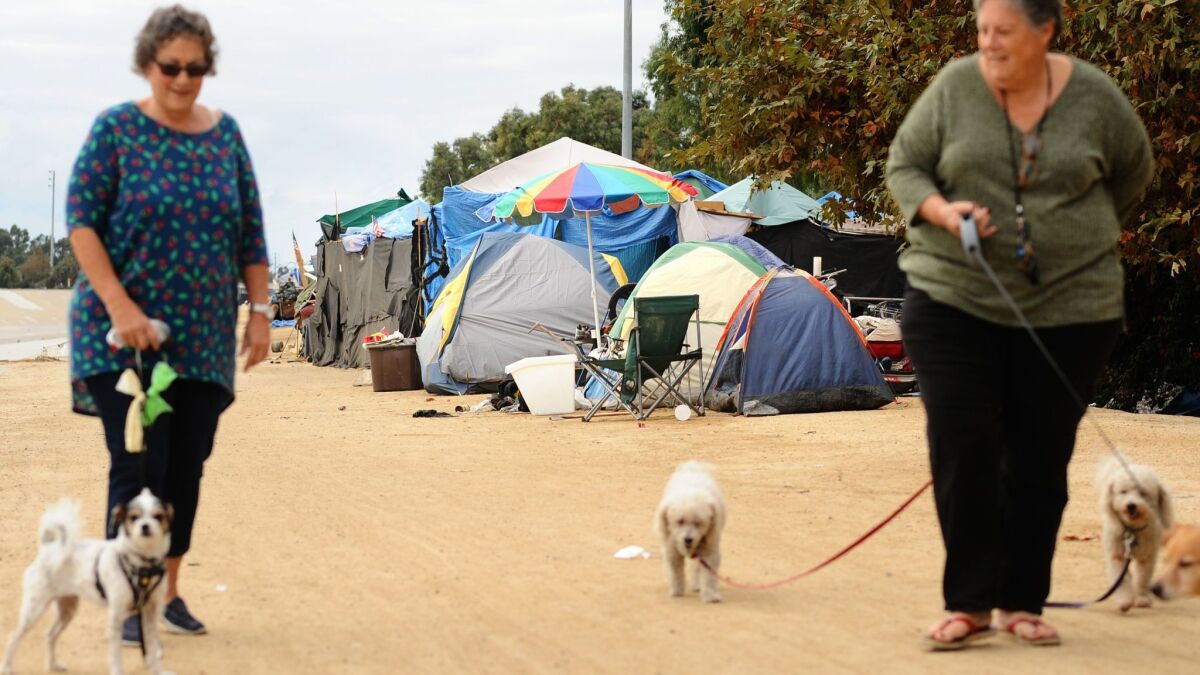 Carol Martin, left, and Sally Marsilio, who live in nearby condominiums, walk their dogs past a homeless encampment along the river bed in Fountain Valley.