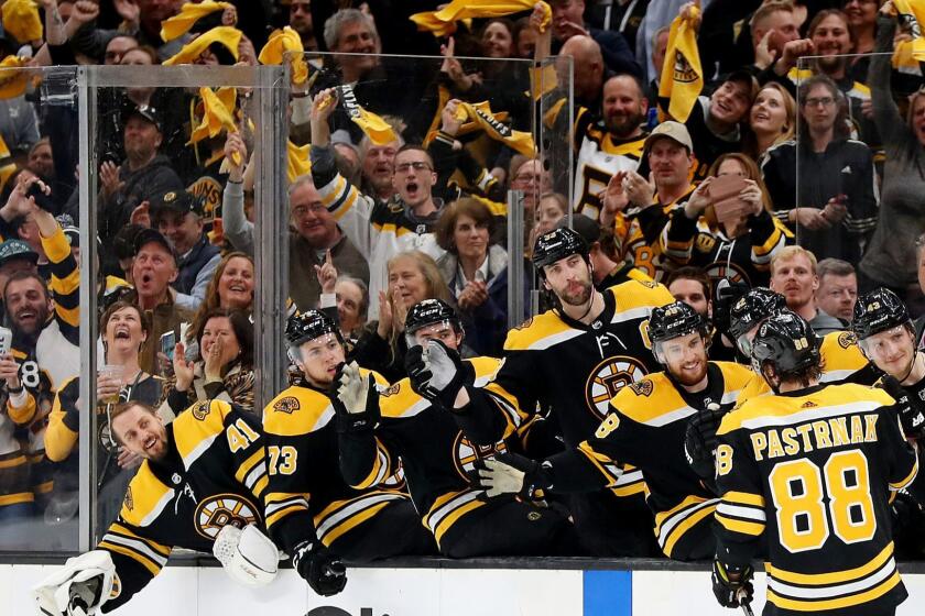 BOSTON, MASSACHUSETTS - MAY 04: David Pastrnak #88 of the Boston Bruins celebrates with teammates after scoring a goal against the Columbus Blue Jackets during the third period of Game Five of the Eastern Conference Second Round during the 2019 NHL Stanley Cup Playoffs at TD Garden on May 04, 2019 in Boston, Massachusetts. The Bruins defeat the Blue Jackets 4-3. (Photo by Maddie Meyer/Getty Images) ** OUTS - ELSENT, FPG, CM - OUTS * NM, PH, VA if sourced by CT, LA or MoD **