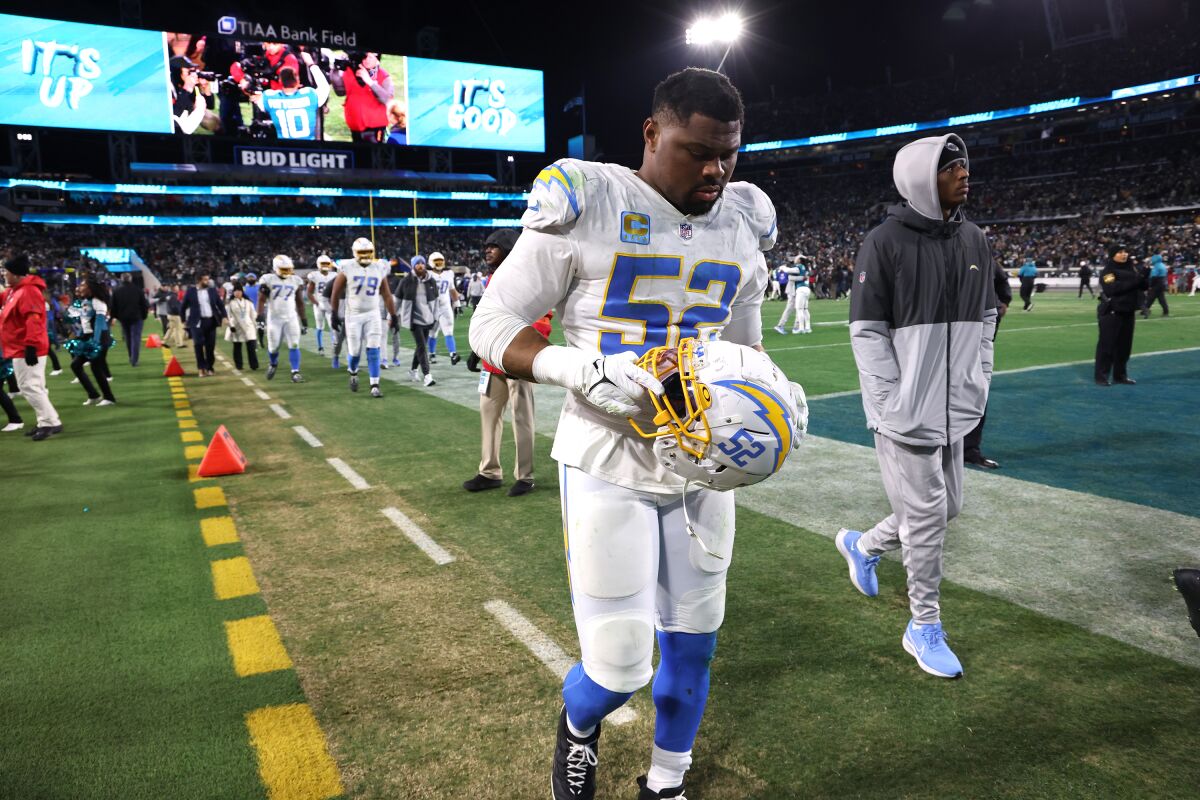 Chargers linebacker Khalil Mack walks off the field following a playoff loss to the Jaguars in January.