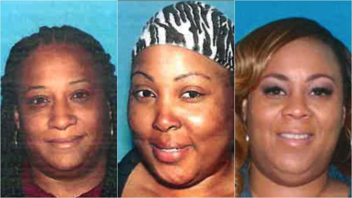 From left. Latoi Pledger, 45, Sareena Stevenson, 44, and Valencia Stevenson, 40, are charged with 56 felonies 