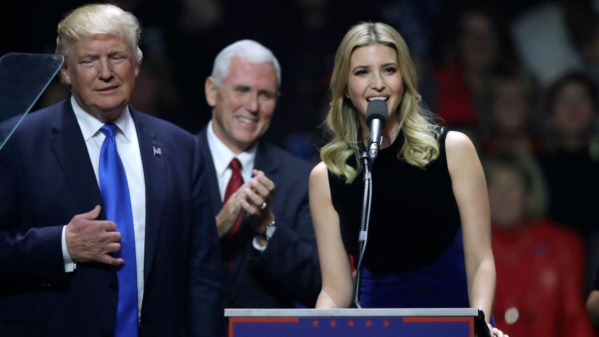 Ivanka Trump speaks beside her father, then-Republican presidential candidate Donald Trump, and vice presidential nominee, Indiana Gov. Mike Pence, during a campaign rally in Manchester, N.H. on Nov. 7.
