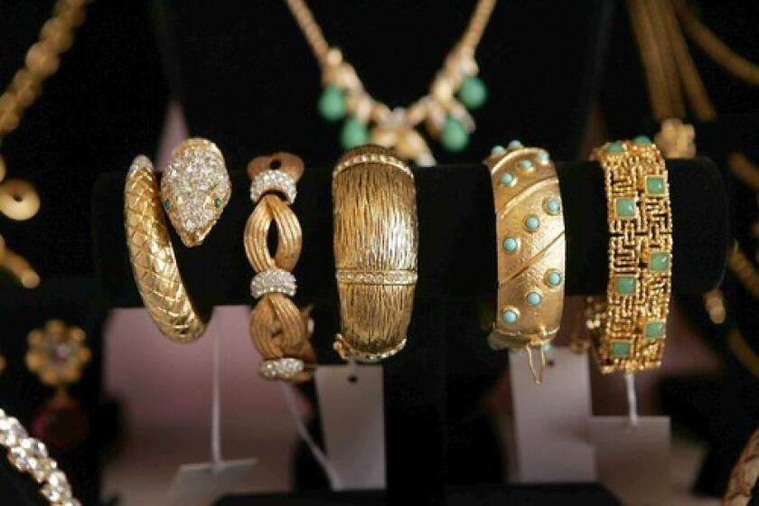 Assorted vintage bracelets at V Vintage in Beverly Hills. Worn with a chic caftan or summer sundress, they are timeless. Also in Image ? Runway looks for the playground set ? Essentials: fanny packs ? Los Angeles' hot hat: the stingy brim ? Vintage V jewelry has designs on the past