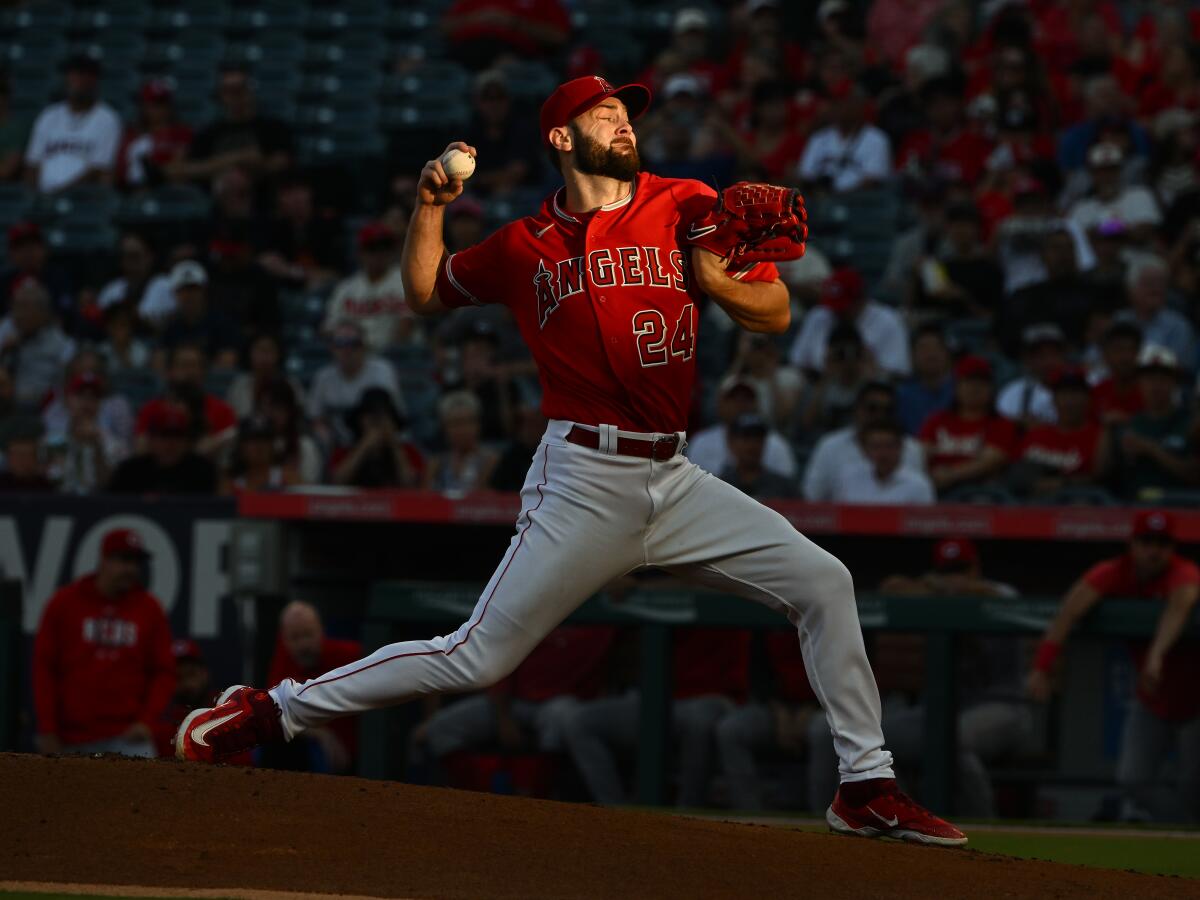 Lucas Giolito delivers for the Angels against the Cincinnati Reds at Angel Stadium on Aug. 22.