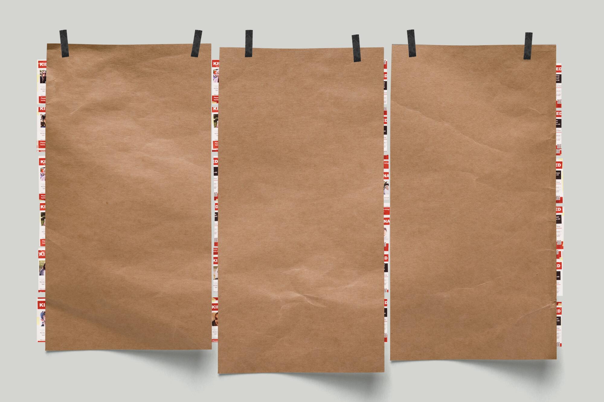photo illustration of 3 brown paper panels covering kidnapped signs