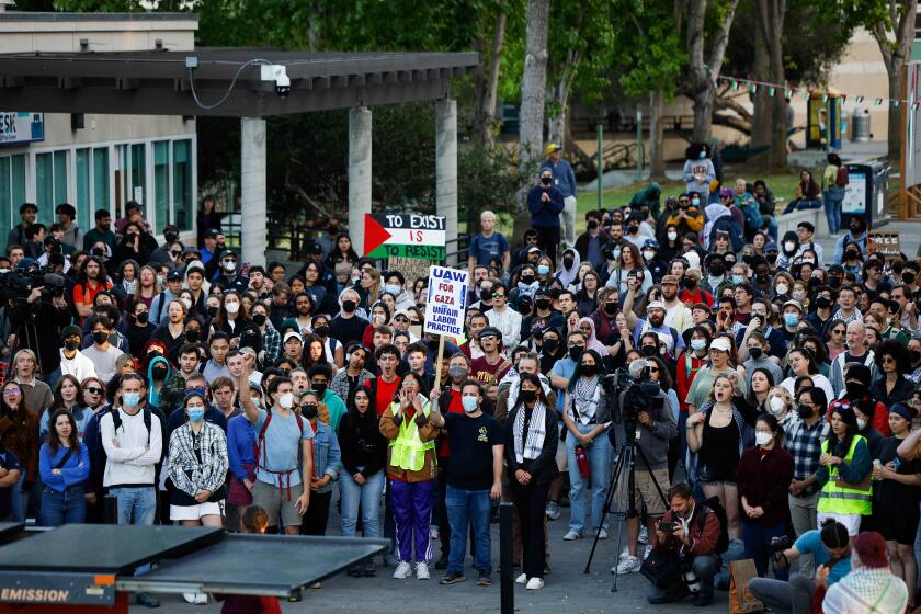 San Diego, CA - May 07: Supporters chant during a UAW Solidarity Rally at UC San Diego at UCSD on Tuesday, May 7, 2024 in San Diego, CA. (Meg McLaughlin / The San Diego Union-Tribune)