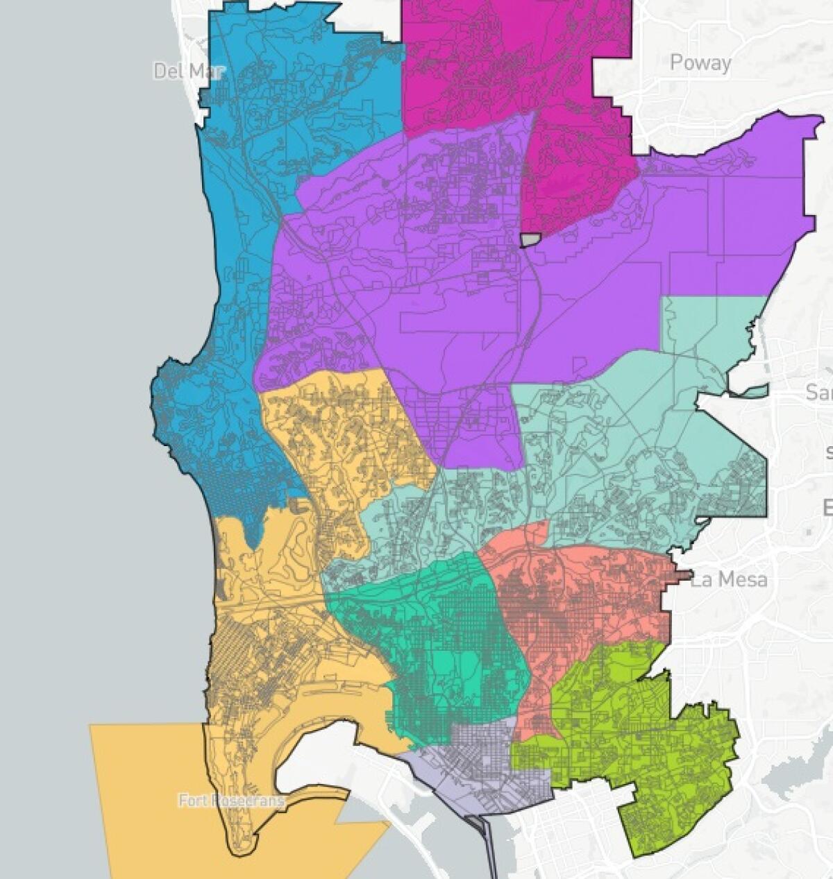 A map Dec. 1 shows proposed new boundaries for District 1 (blue), District 2 (gold) and District 6 (purple).