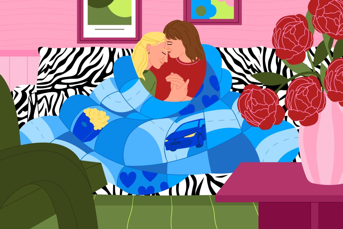 Illustration of two women on a couch, sharing a tender moment under a blanket with freeway design.