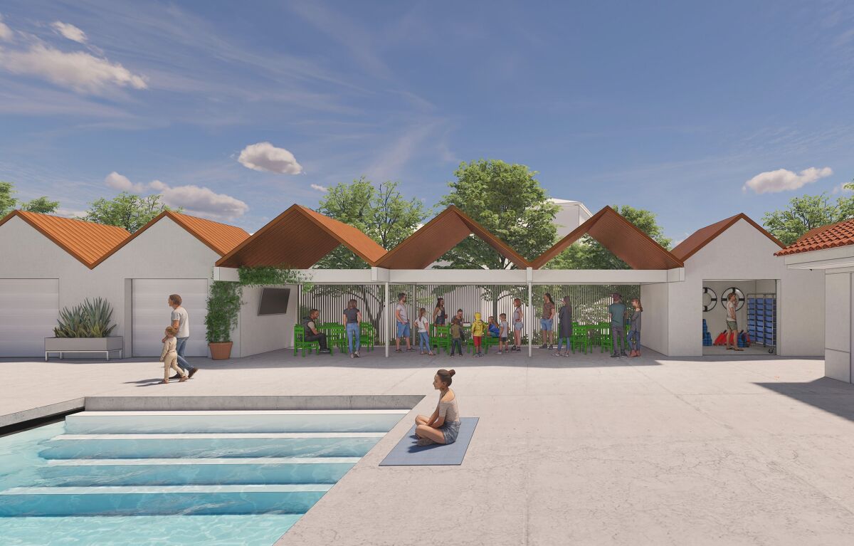 A rendering shows the new deck area planned for the Coggan Family Aquatic Complex on the La Jolla High School campus.