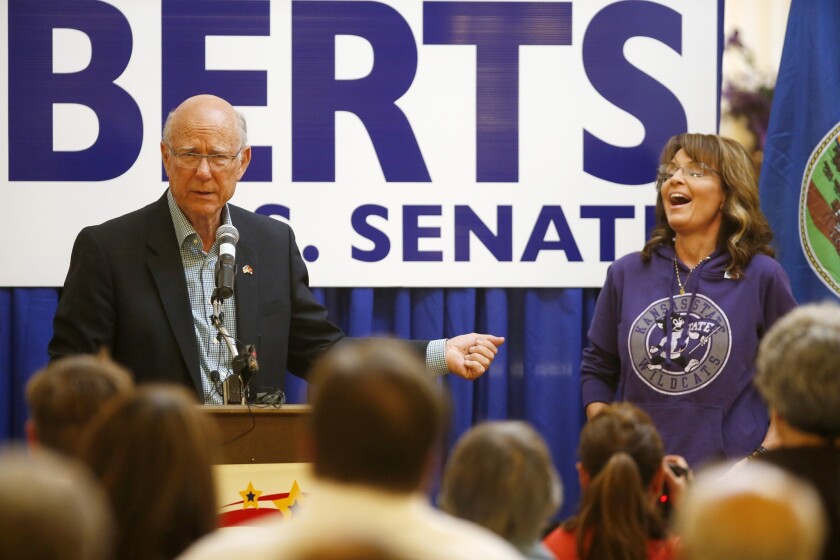 Former Alaska Gov. Sarah Palin joins U.S. Sen. Pat Roberts at the Independence Historical Museum and Art Center.