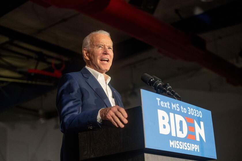 Joe Biden at a rally in Mississippi on March 8, 2020. 