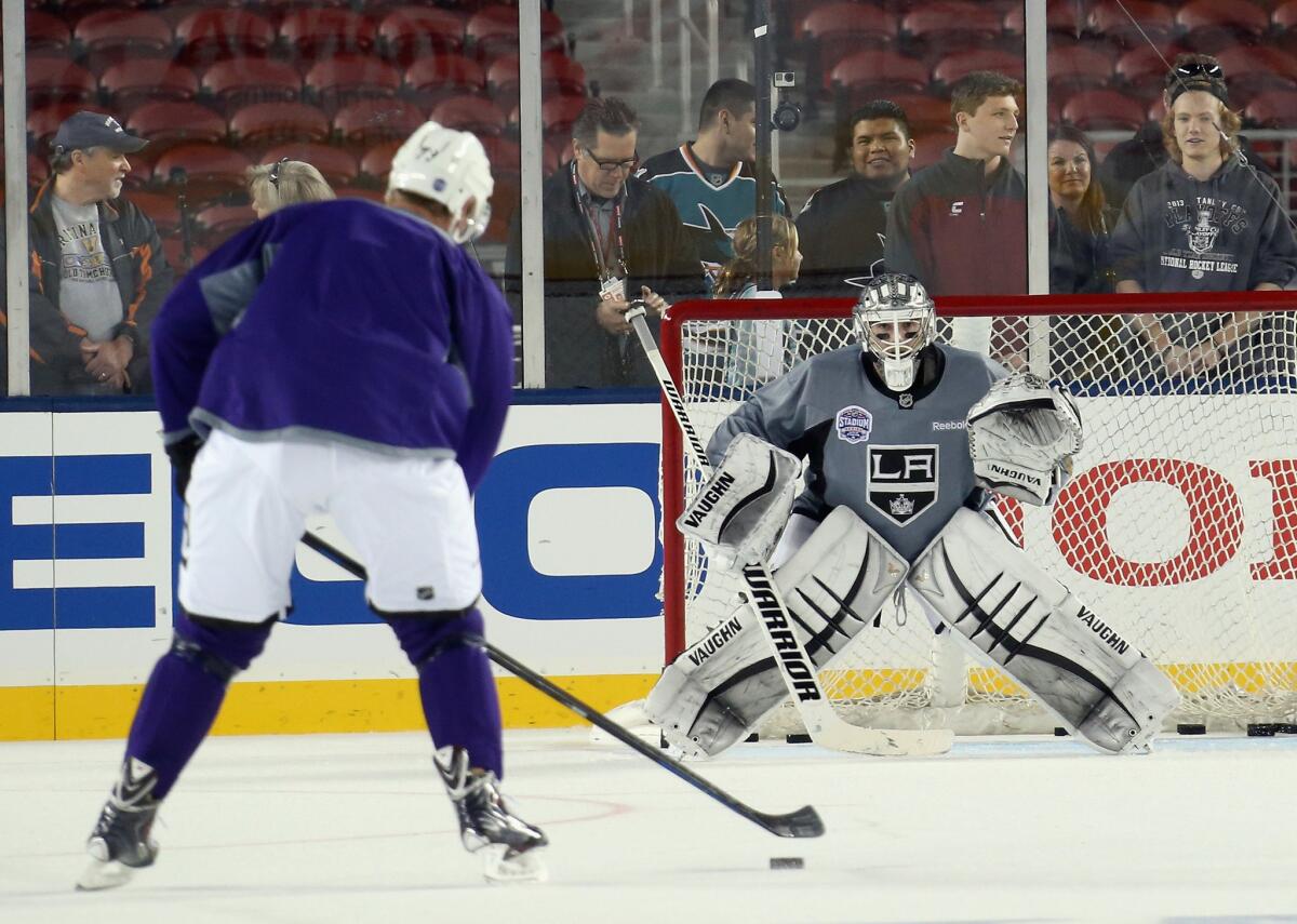 Kings goalie Jonathan Quick preps for a shot during a practice leading up to the Stadium Series game at Levi's Stadium.