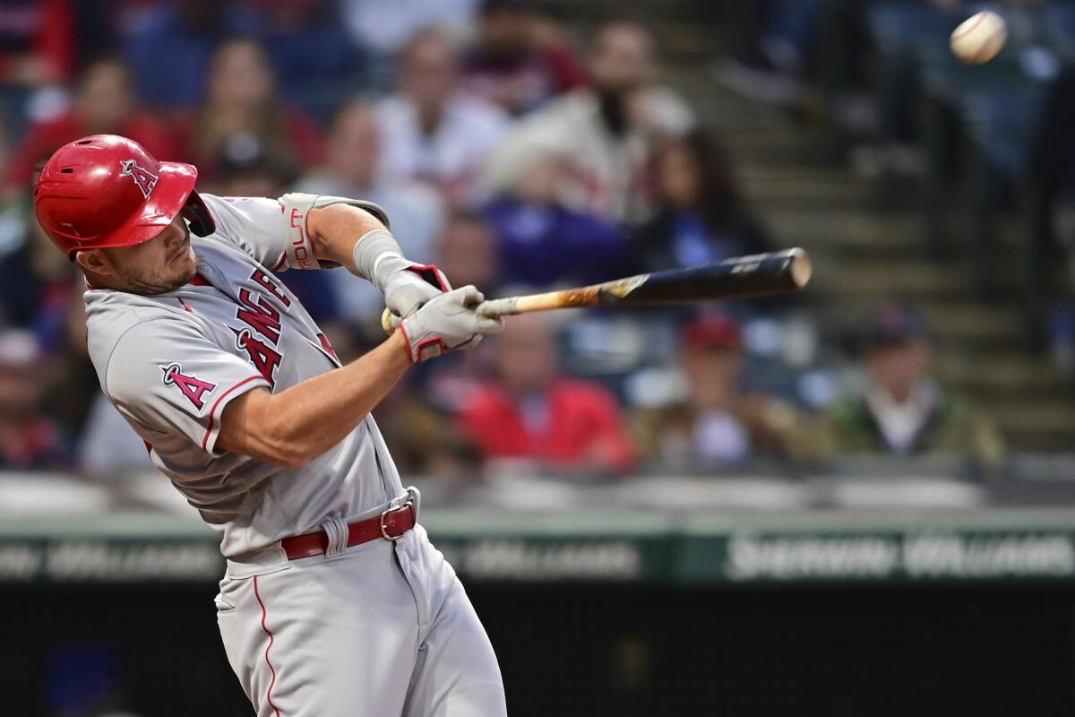 Angels' Mike Trout flies out during the fifth inning against the Cleveland Guardians.