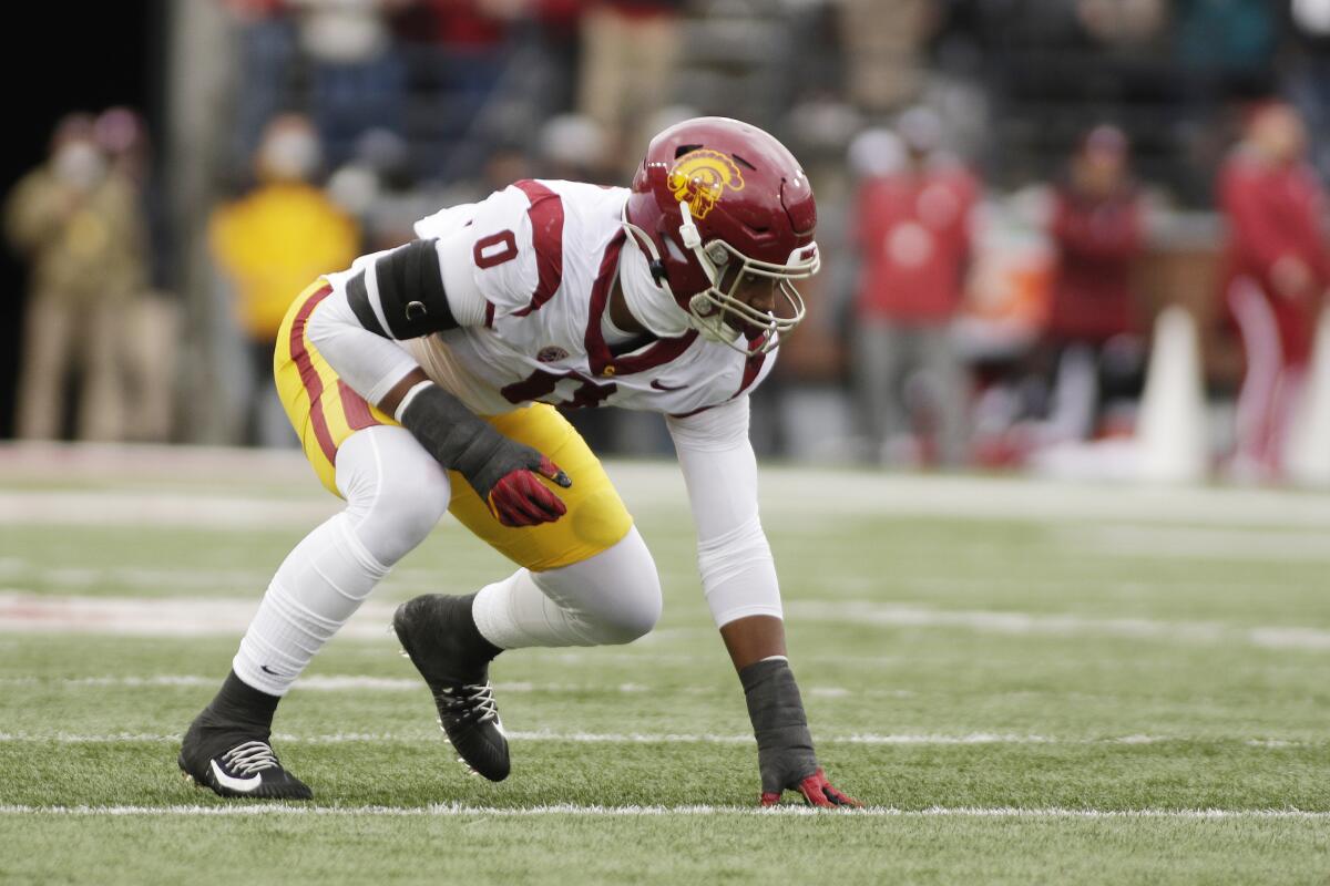 USC defensive lineman Korey Foreman lines up for a play against Washington last year.