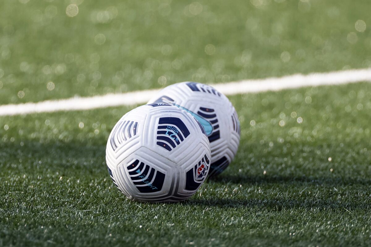 Soccer balls on a field.
