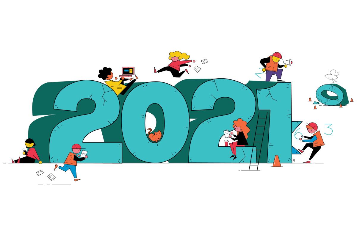 Illustration of the number 2021 with characters running and working around it.