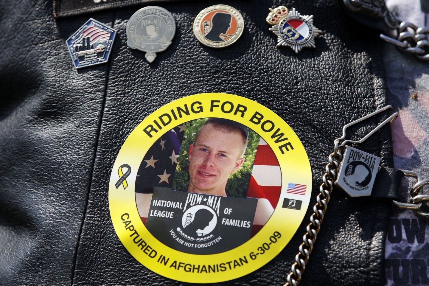 An image of Bowe Bergdahl is worn by an attendee at the annual Rolling Thunder rally for POW/MIA awareness in Washington.