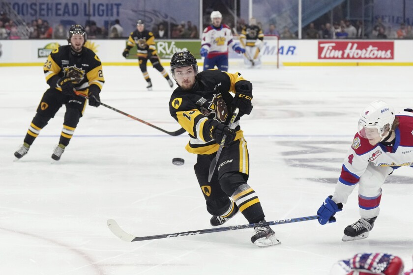 Hamilton Bulldogs' Avery Hayes shoots as Edmonton Oil Kings' Kaiden Guhle, right, tries to get a stick on the puck during the second period of a Memorial Cup hockey game in Saint John, New Brunswick, Friday, June 24, 2022. (Darren Calabrese/The Canadian Press via AP)