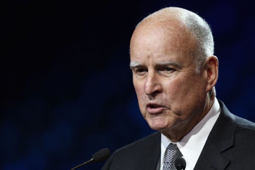 Governor of California Jerry Brown speaks during a panel conference at the One Planet Summit on December 12, 2017, at La Seine Musicale venue on l'ile Seguin in Boulogne-Billancourt, west of Paris. ?The French President hosts 50 world leaders for the "One Planet Summit", hoping to jump-start the transition to a greener economy two years after the historic Paris agreement to limit climate change. / AFP PHOTO / Eric FEFERBERGERIC FEFERBERG/AFP/Getty Images ** OUTS - ELSENT, FPG, CM - OUTS * NM, PH, VA if sourced by CT, LA or MoD **