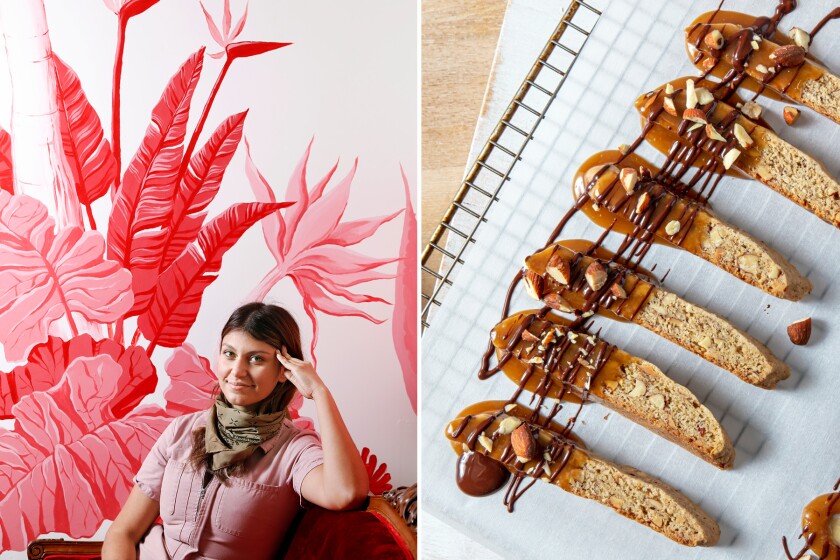 Vegan almond biscotti, dipped in caramel and chocolate, from Justine Hernandez.