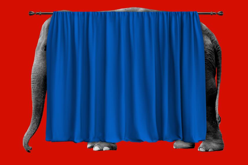 Photo illustration of an elephant with a red background hiding behind a blue curtain