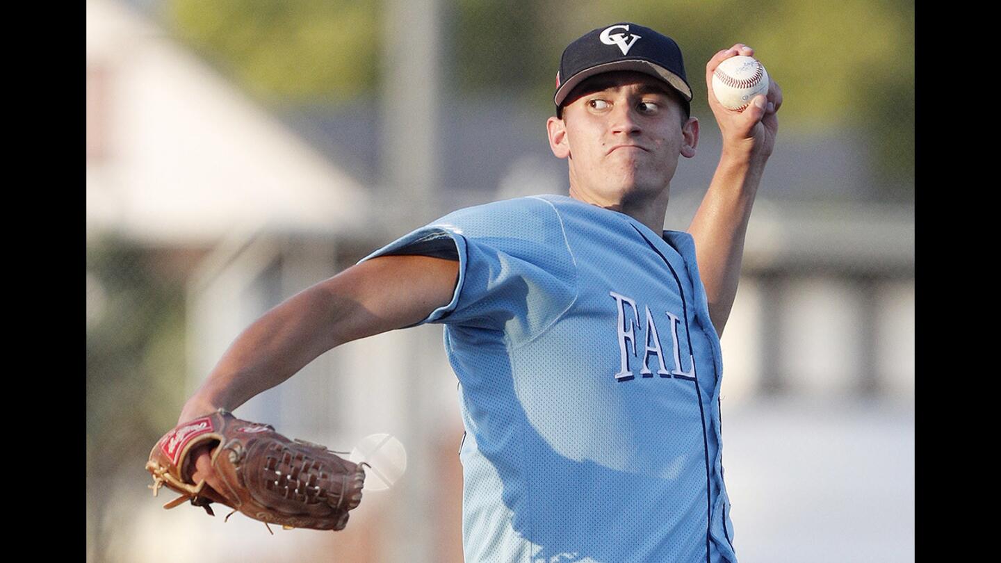 Crescenta Valley's pitcher Trevor Beer in the second inning against Burbank in a Pacific League baseball game at Burbank High School on Tuesday, April 10, 2018. Beer pitched the who game, and Crescenta Valley won the game 11-0.