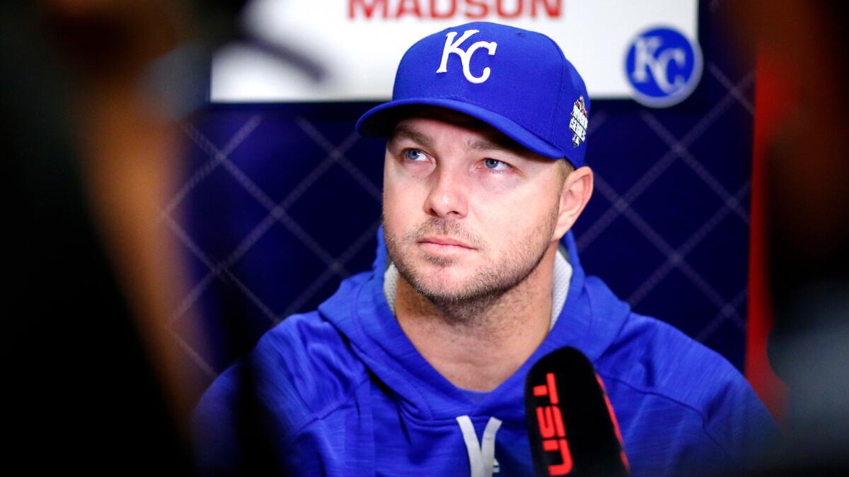 Ryan Madson talks to reporters before Game 1 of the World Series.
