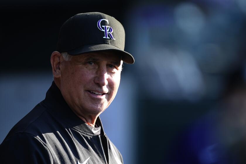 Colorado Rockies manager Bud Black (10) in the first inning of a baseball game Wednesday, May 8, 2024, in Denver. (AP Photo/David Zalubowski)