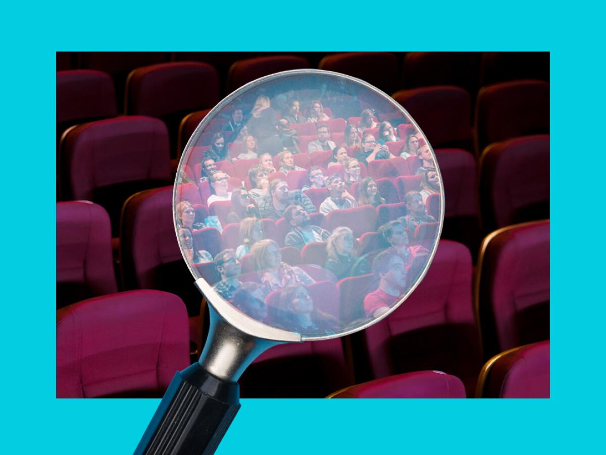 photo illustration of a magnifying glass over a movie theater audience