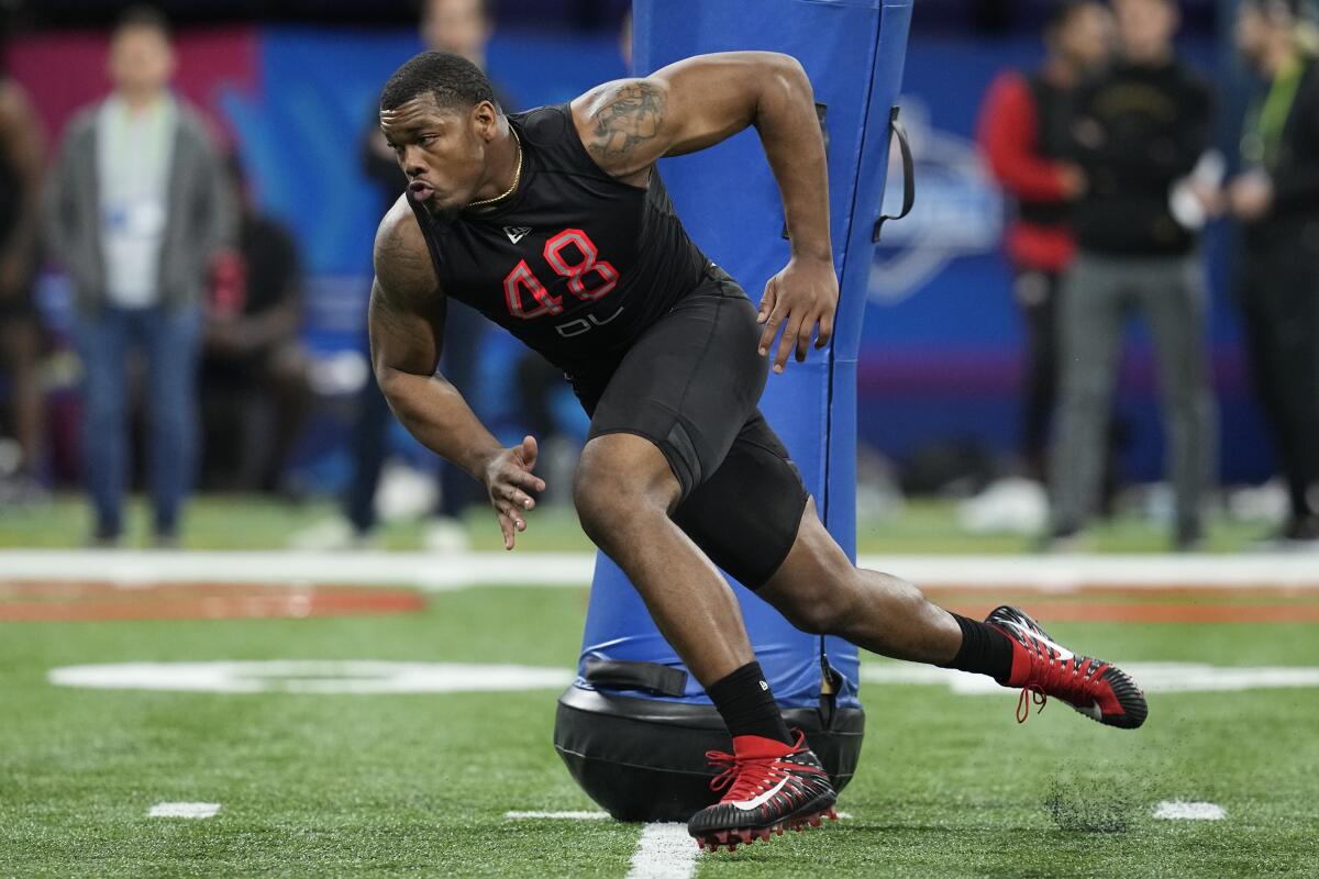 Georgia defensive lineman Travon Walker runs a drill at the NFL scouting combine in Indianapolis on March 5.