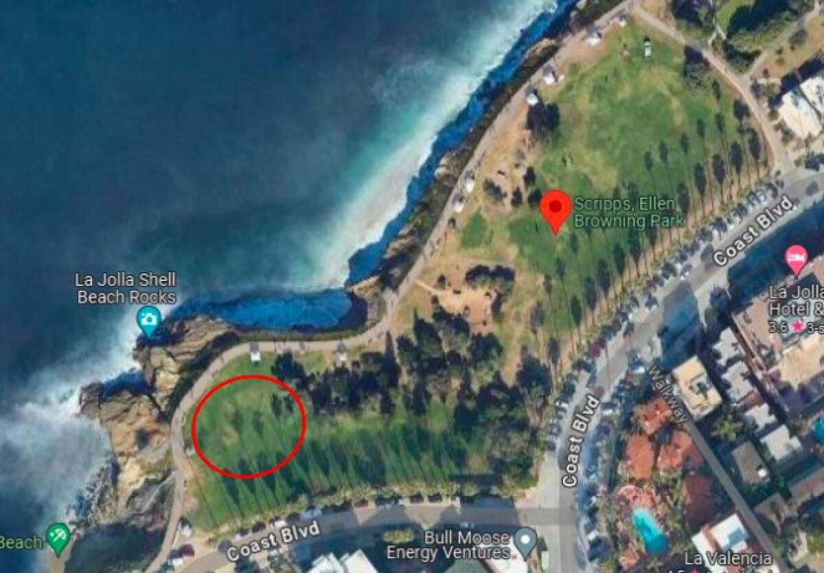The red circle indicates the area of Scripps Park in La Jolla where parties organized by private companies may be permitted.