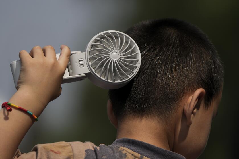 ARCHIVO - Un ni?o se refresca con un ventilador eléctrico en un día sofocante en un parque de Tongzhou, en las afueras de Beijing, el lunes 10 de junio de 2024. (AP Foto/Andy Wong)