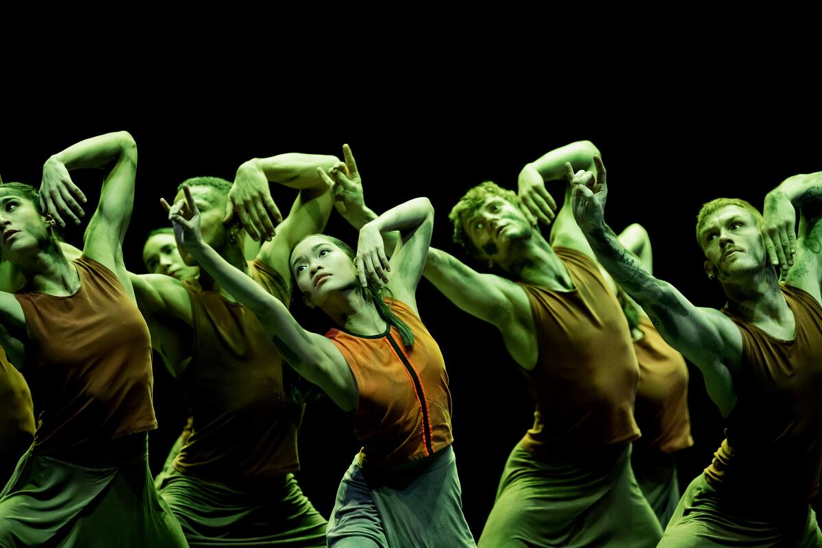 Dancers stretching their hands above their heads in unison.