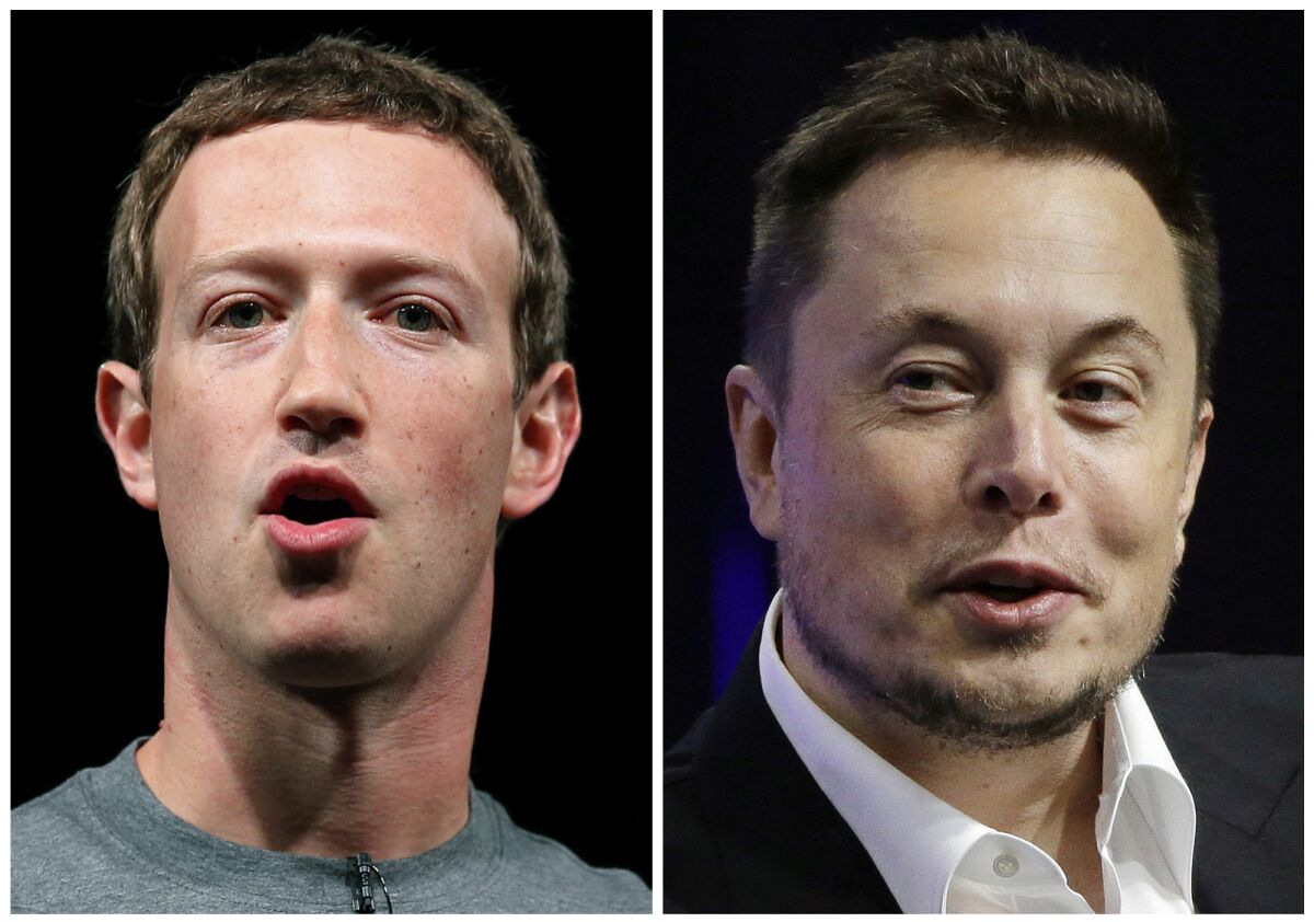 ARCHIVO - En esta combinacin de fotografas se muestra el director general de Facebook, Mark Zuckerberg (izquierda), y al CEO de Tesla y SpaceX, Elon Musk. (AP Foto/Manu Fernandez, Stephan Savoia, Archivo)