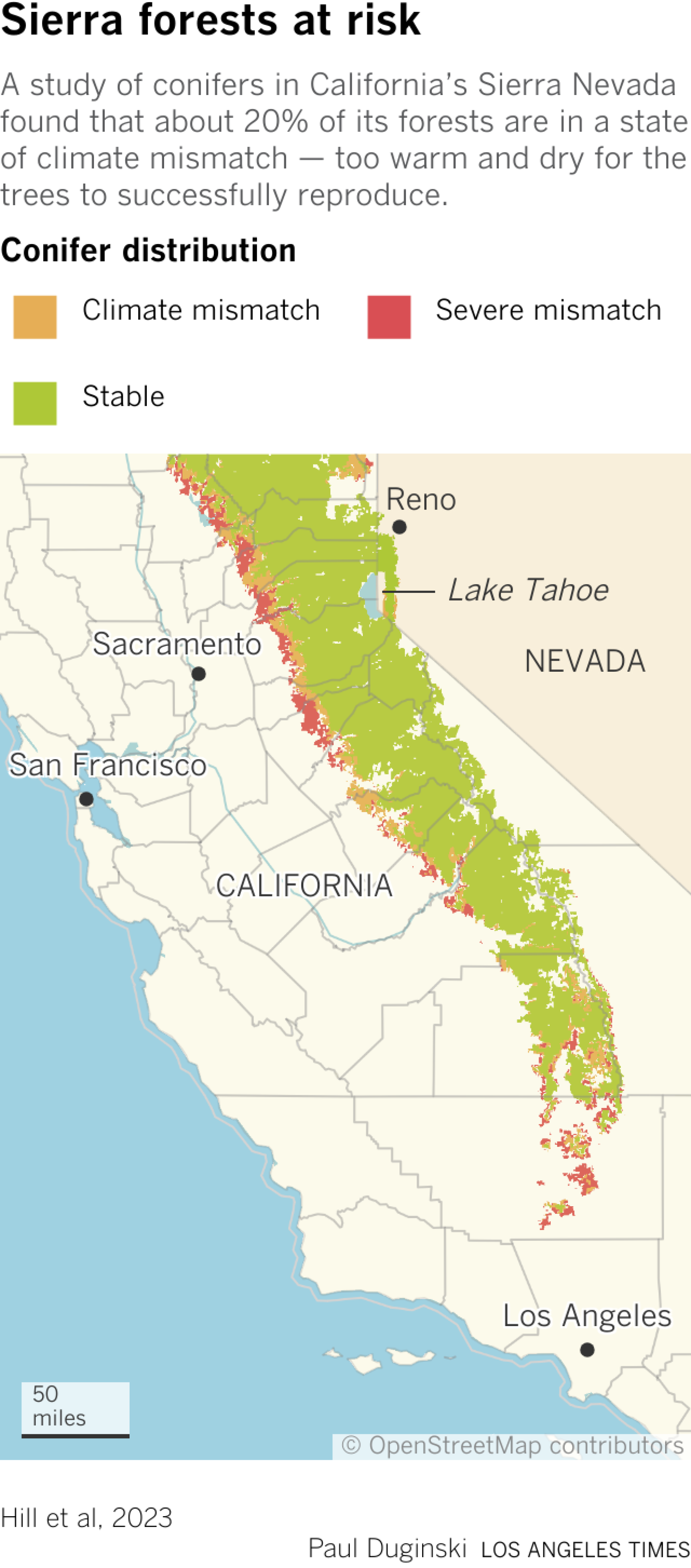 Map showing conifer habitat in the California Sierra Nevada shows areas on the western and southern portions that are in climate mismatch.