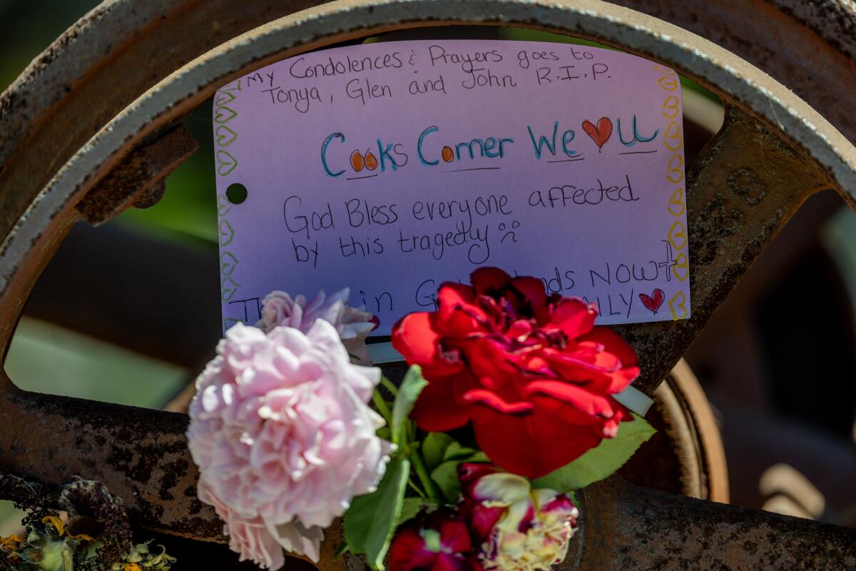 A memorial to the mass shooting at Cook's Corner.