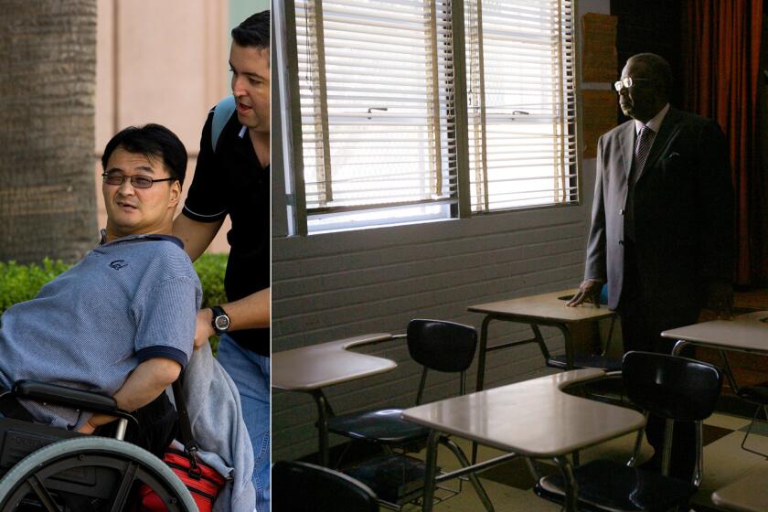 LAUSD teacher Matthew Kim, left was put on housed duty -- required to report to work at a district office but not required to do anything -- for allegedly groping female students and co-workers. He sued principal Joseph Walker.