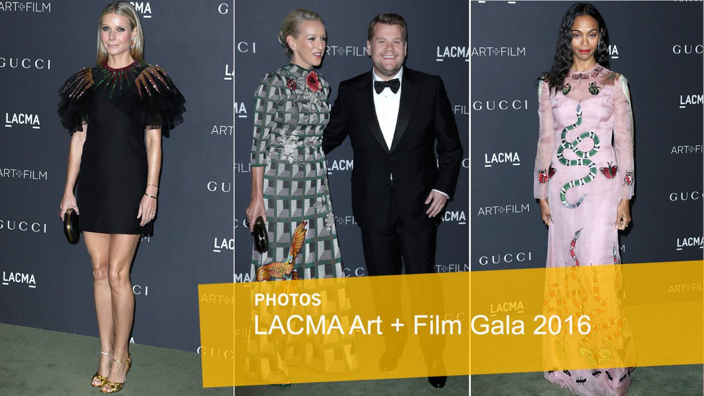 Gwyneth Paltrow, left, Julia Carey and James Corden and Zoe Saldana arrive Saturday for the LACMA Art+Film Gala at the Los Angeles County Museum of Art in Los Angeles.