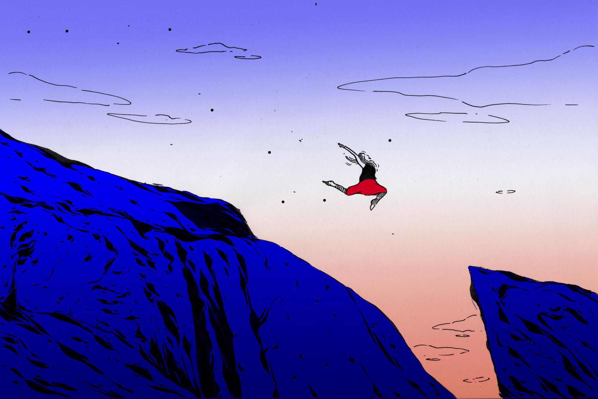 Illustration shows a person joyfully leaping over a chasm, taking a risk.