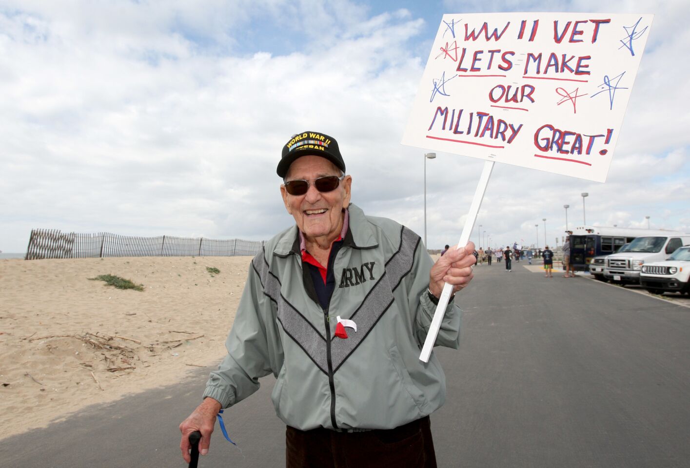 World War II U.S. Army veteran Jack Stitzinger, 93, who served with Gen. George S. Patton at the Battle of the Bulge, attended the Make America Great Again March at Bolsa Chica State Beach in Huntington Beach on Saturday. Stitzinger lives in Huntington Beach.