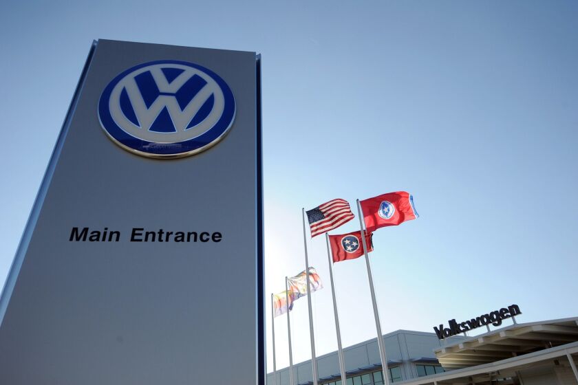 The main entrance of the Volkswagen automobile assembly plant in Chattanooga, Tenn., in 2012.