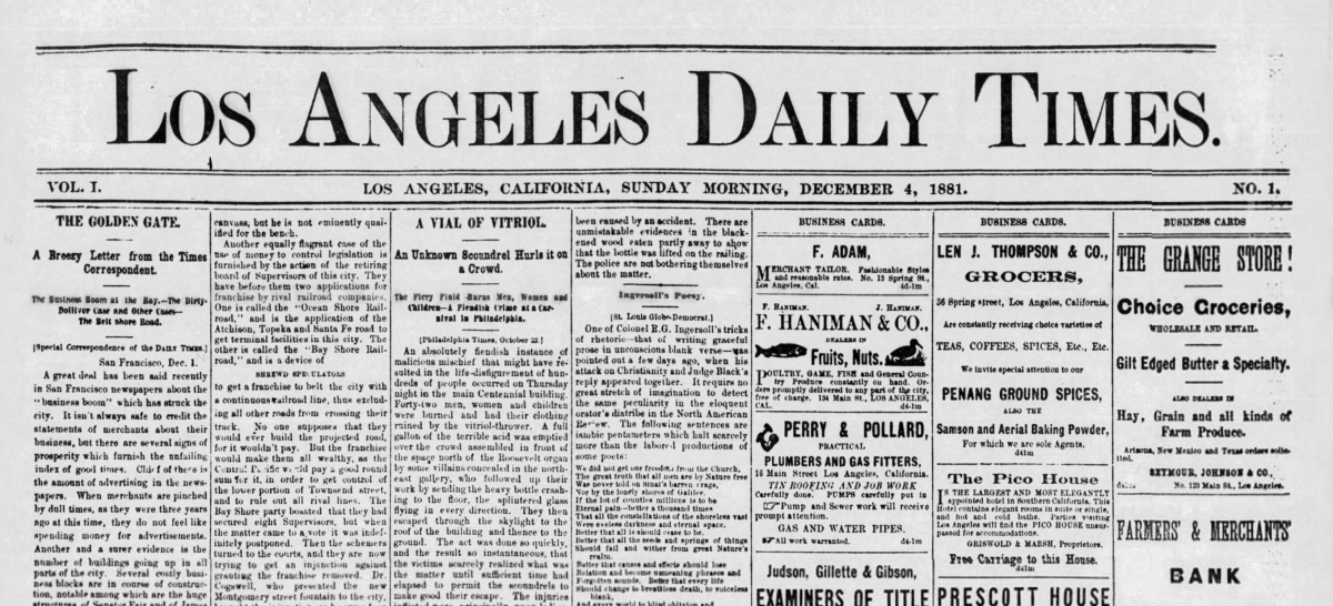 The top portion of a newspaper with seven narrow columns of type and the title "The Los Angeles Daily Times."
