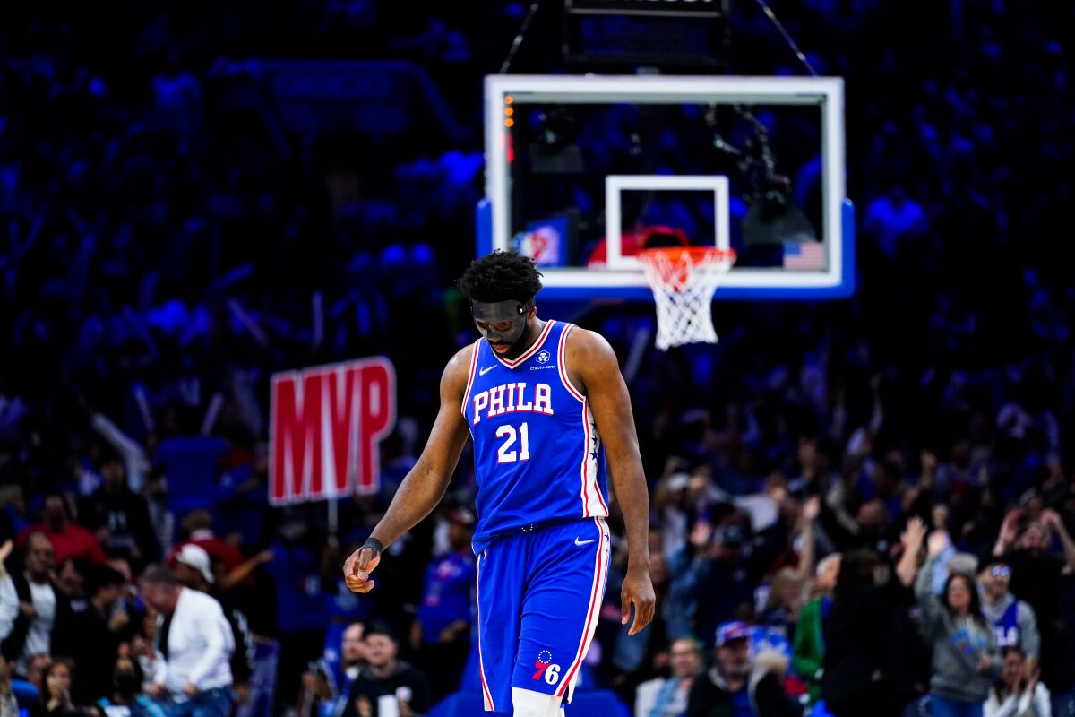 The Philadelphia 76ers' Joel Embiid moves down the court during the second half of Game 3 on May 6, 2022.