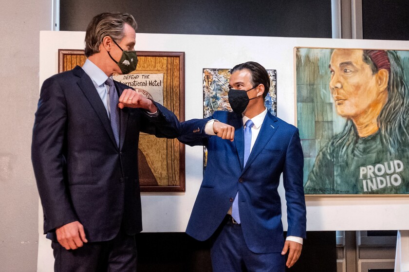 California Gov. Gavin Newsom and Rob Bonta after the announcement of Bonta's appointment as Attorney General