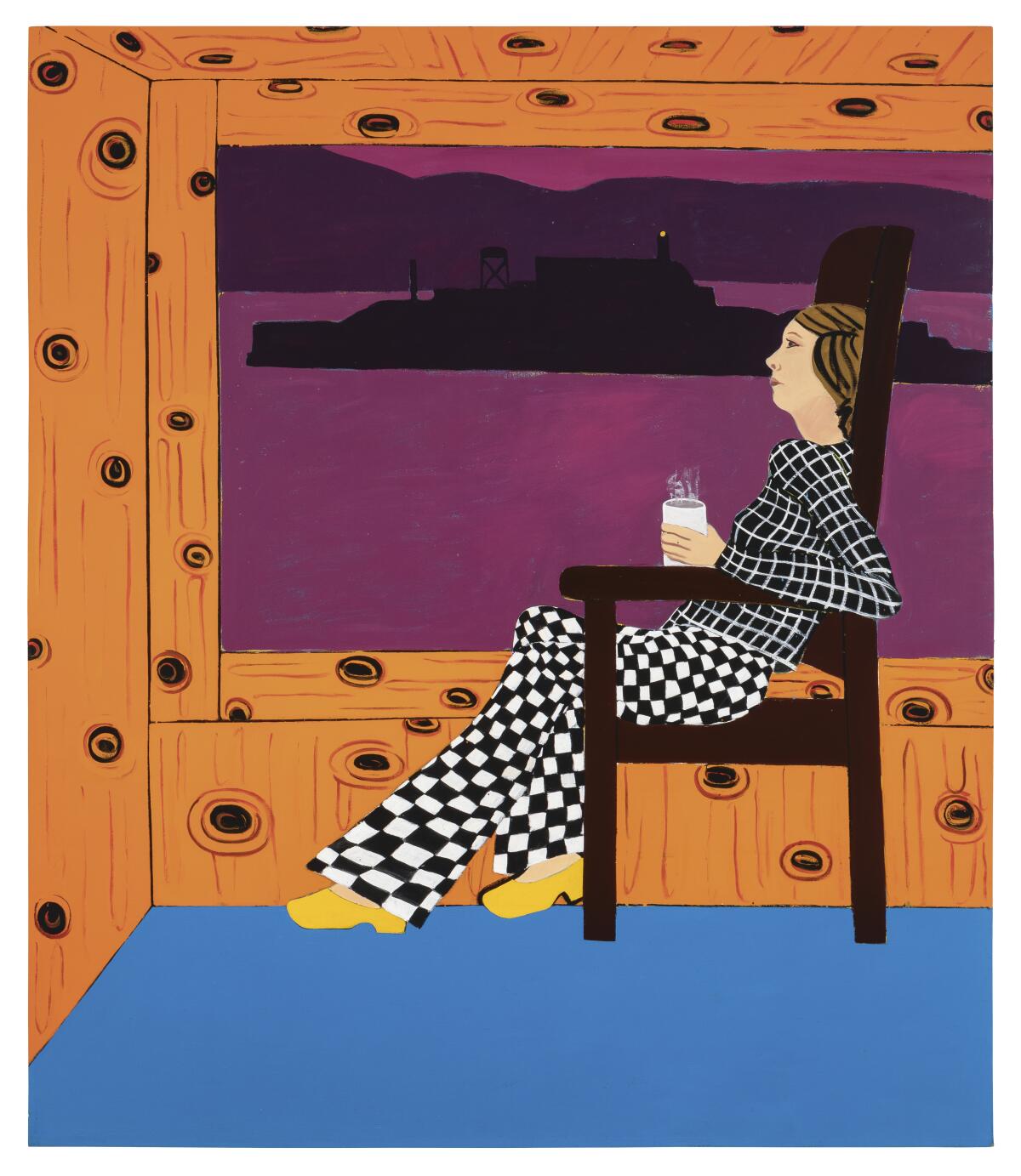 A painting shows a woman in checkered pants and shirt sitting before a bay whose waters are a deep purple
