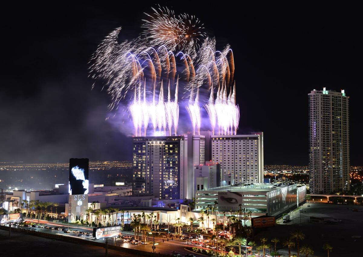 Fireworks erupt over the SLS Las Vegas during a grand opening celebration on the Las Vegas Strip pm Friday. The resort is built o the footprint of the old Sahara hotel.