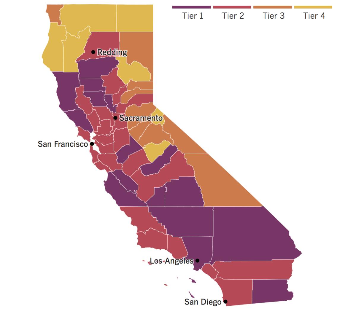 A map of California showing what tiers counties have been assigned based on their local levels of coronavirus risk.