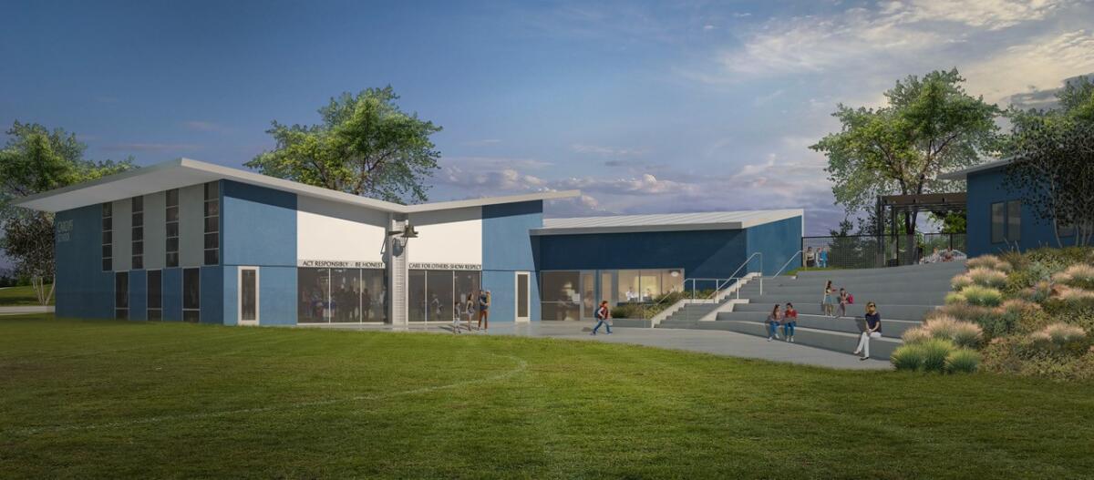A rendering of the planned multipurpose building and plaza area of the new Cardiff School.
