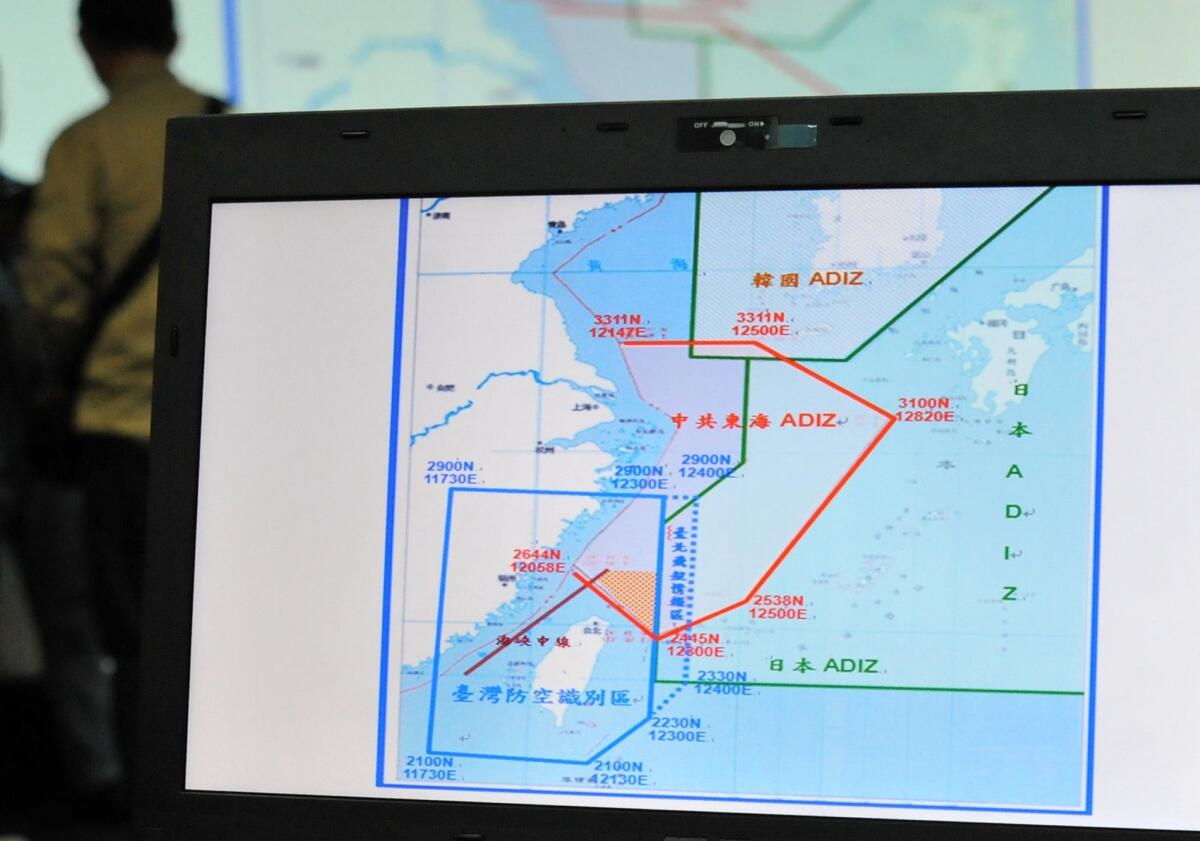 A map of the Air Defense Identification Zone, or ADIZ, proclaimed Nov. 23 by Beijing over the East China Sea. The airspace, bordered in red, is now being patrolled by fighter jets from both China and Japan, raising fears of an accident or miscalculation putting military and commercial aircraft at risk.