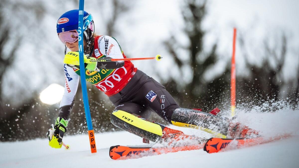 Mikaela Shiffrin makes her first run of the World Cup slalom event at Maribor, Slovenia on Saturday.